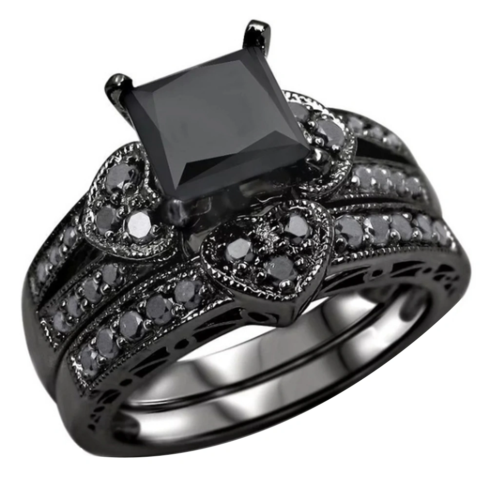 2Pcs/Set Women Fashion Square Cubic Zircon Hearts Finger Rings Party Jewelry