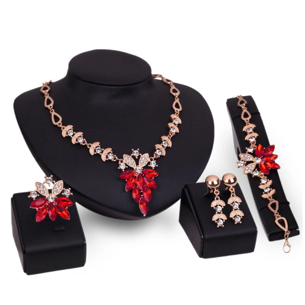 Women Rhinestone Grape Pendant Necklace Stud Earrings Ring Bracelet Jewelry Set