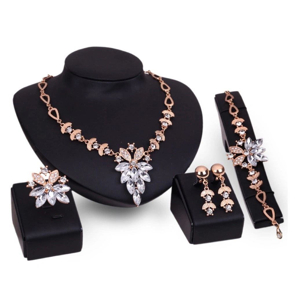 Women Rhinestone Grape Pendant Necklace Stud Earrings Ring Bracelet Jewelry Set