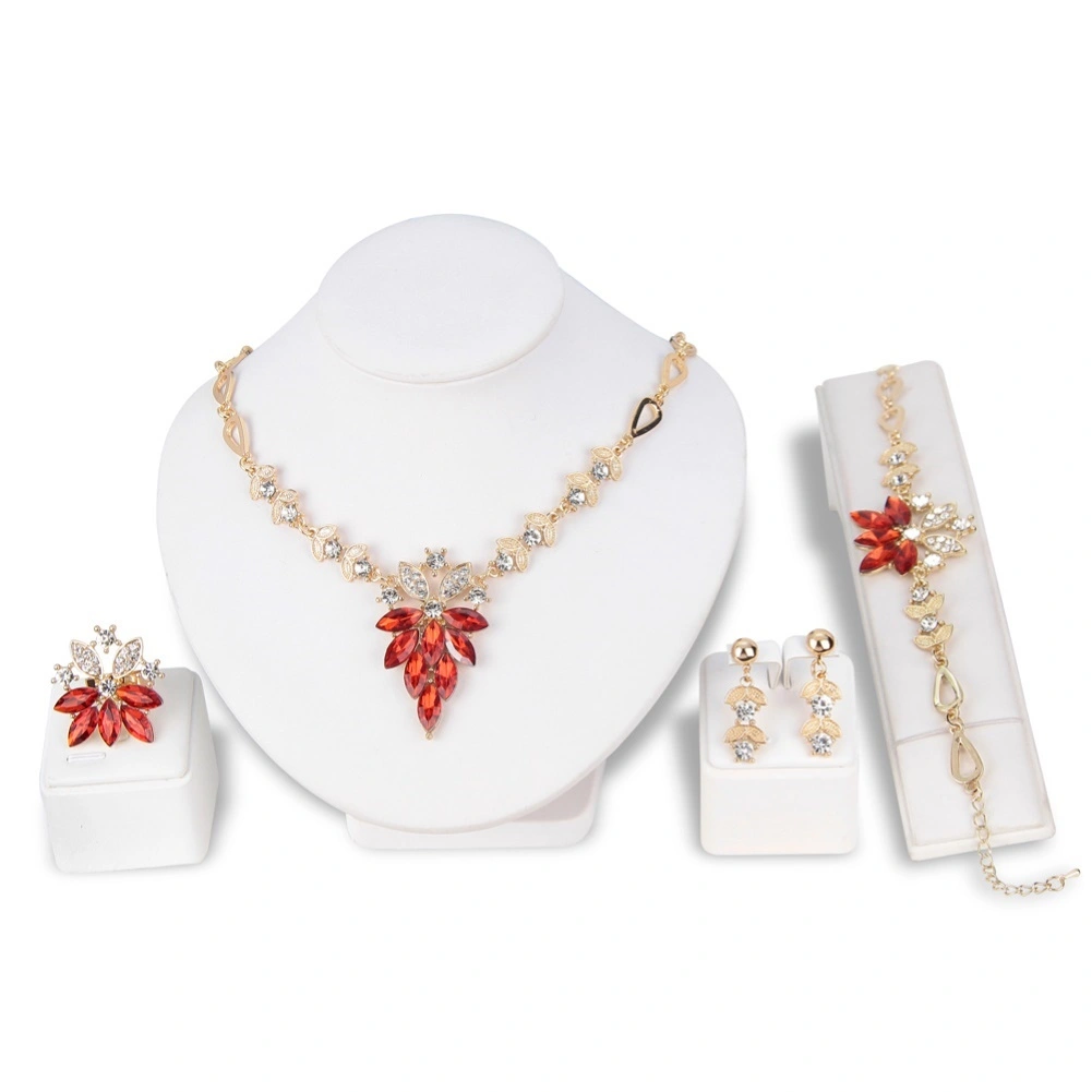 Women Rhinestone Grape Pendant Necklace Stud Earrings Ring Bracelet Jewelry Set