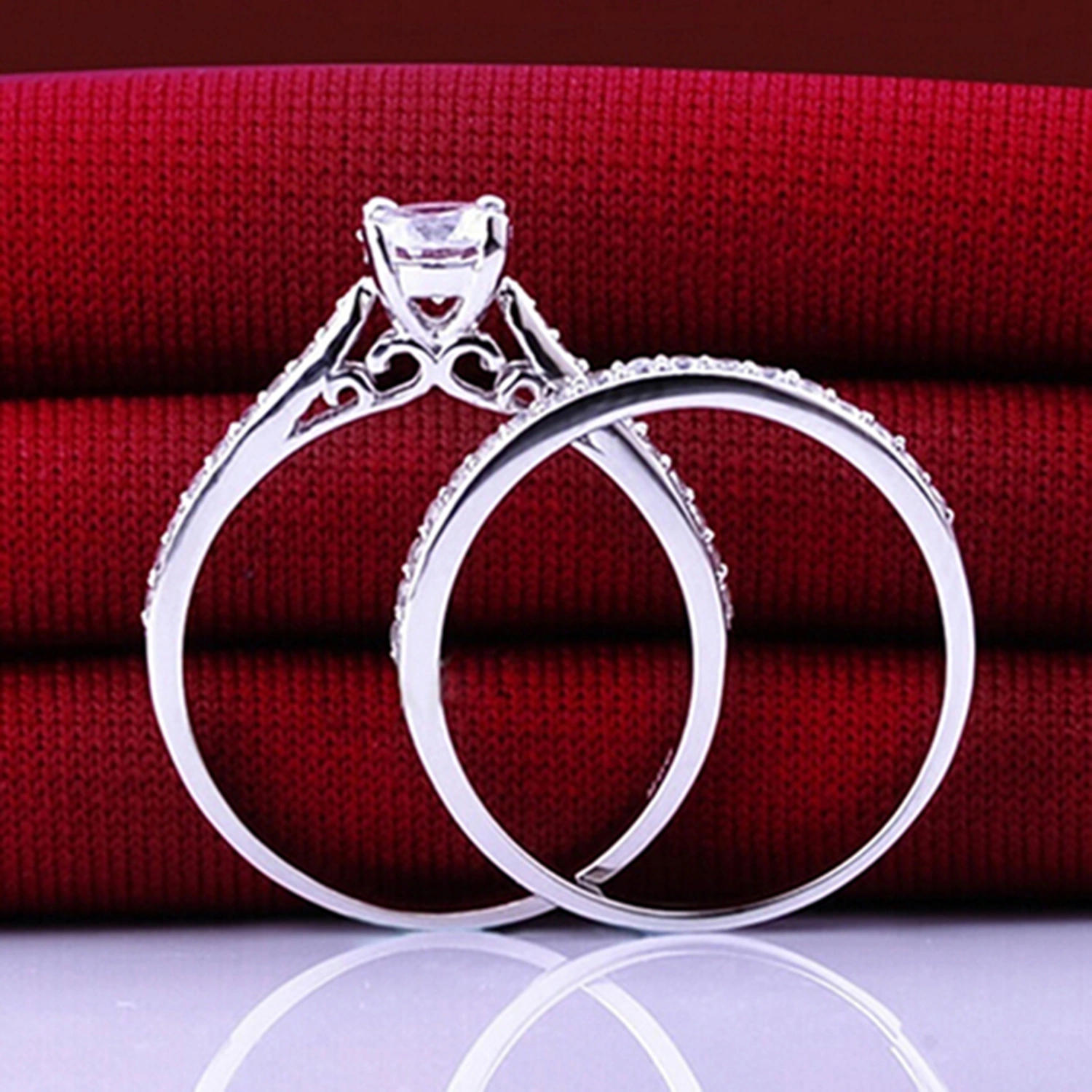 2Pcs/Set Ring Shiny Cubic Zirconia Plated Silver Romantic Couple Finger Ring for Wedding