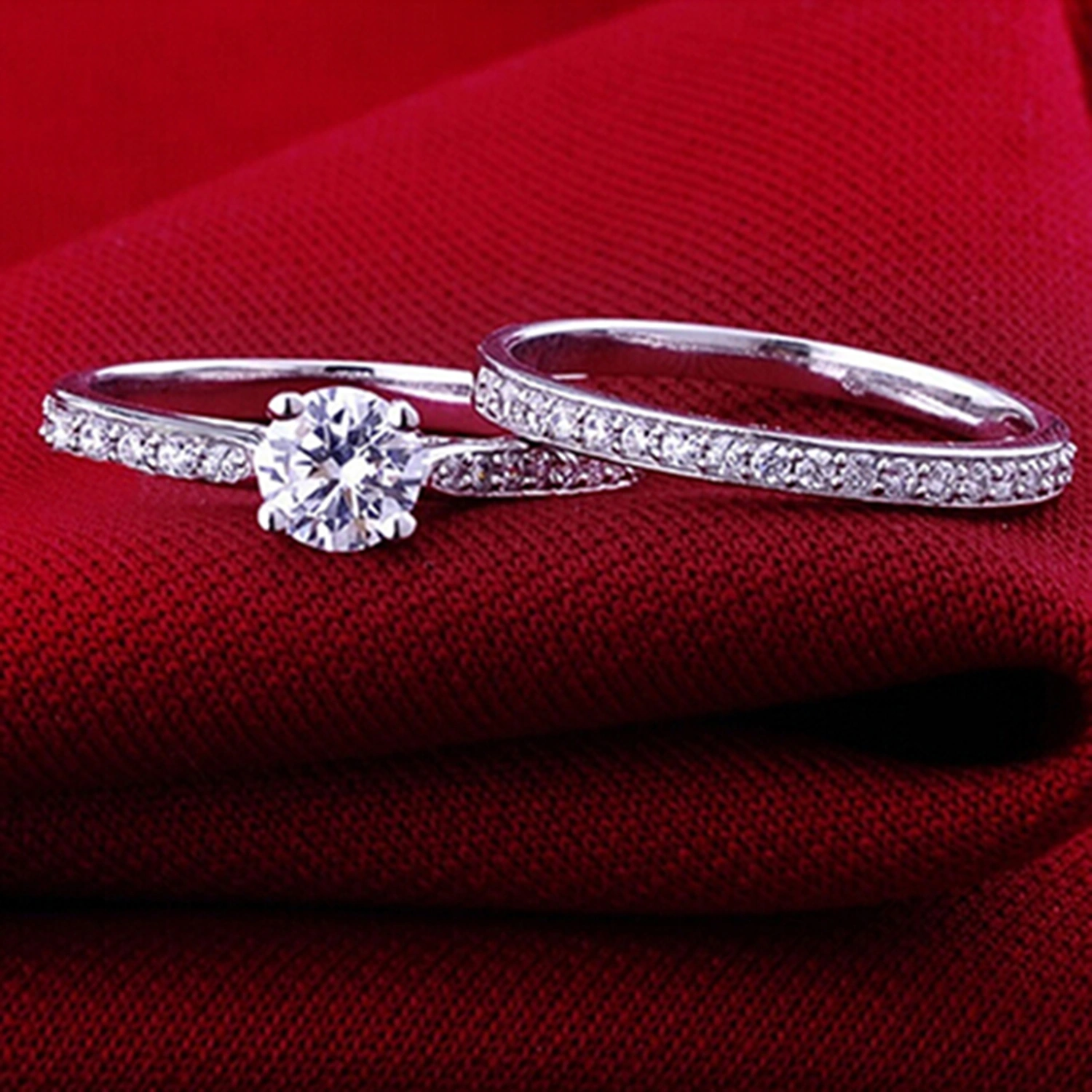 2Pcs/Set Ring Shiny Cubic Zirconia Plated Silver Romantic Couple Finger Ring for Wedding