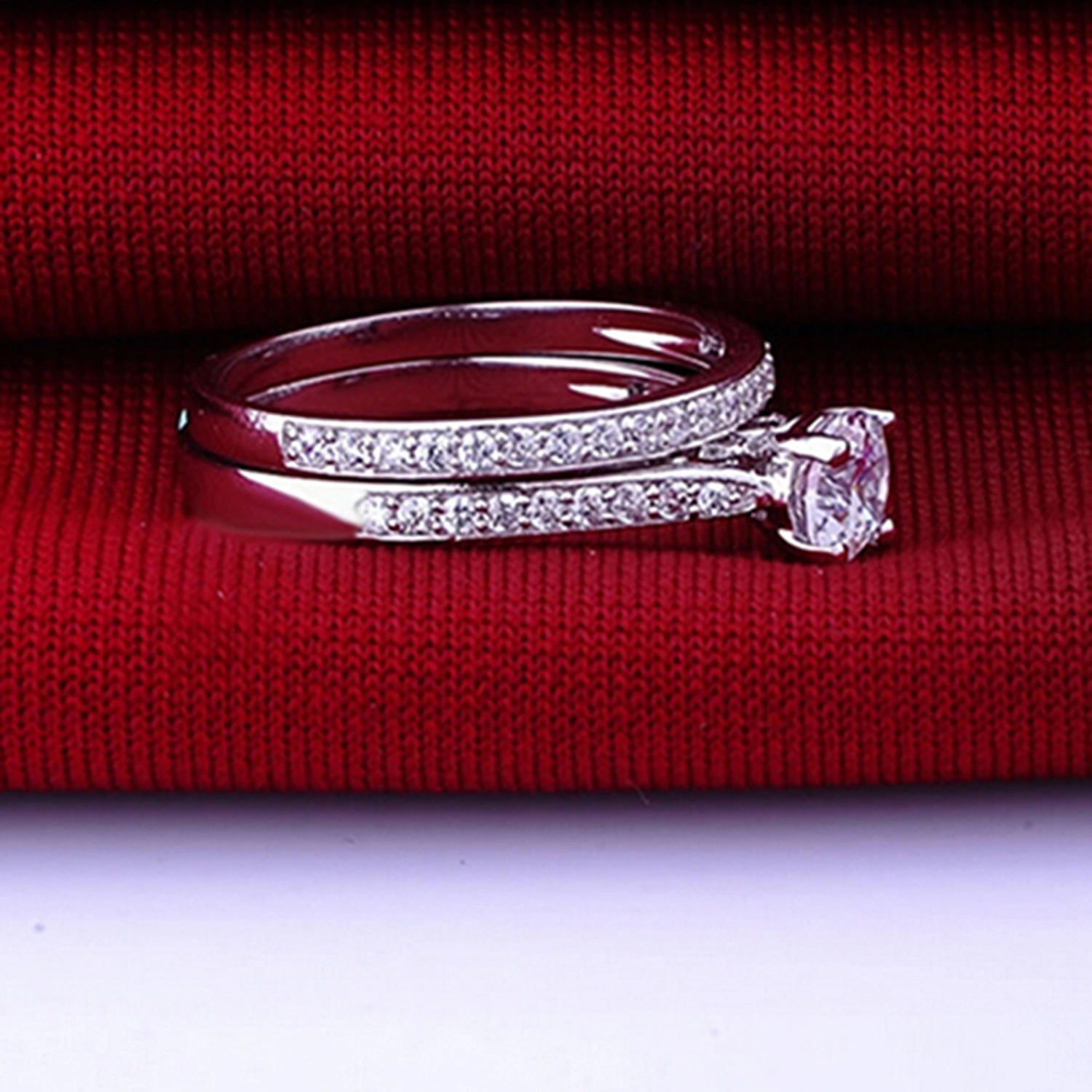 2Pcs/Set Ring Shiny Cubic Zirconia Plated Silver Romantic Couple Finger Ring for Wedding