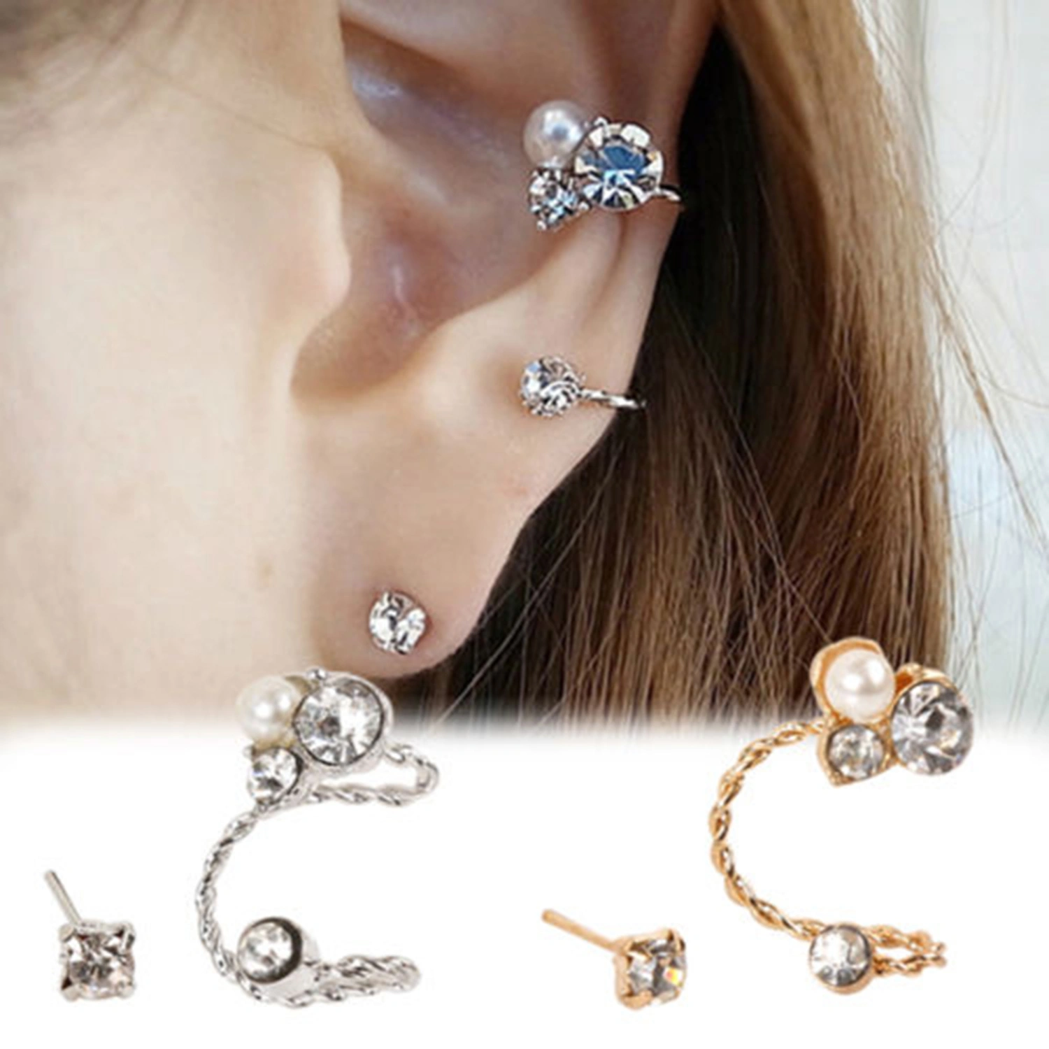 1 Set Earrings Rhinestone Faux Pearl Alloy Exquisite Ear Clip Stud for Women