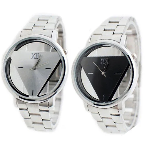 Men Women Fashion Silver Color Stainless Steel Triangle Dial Quartz Wrist Watch