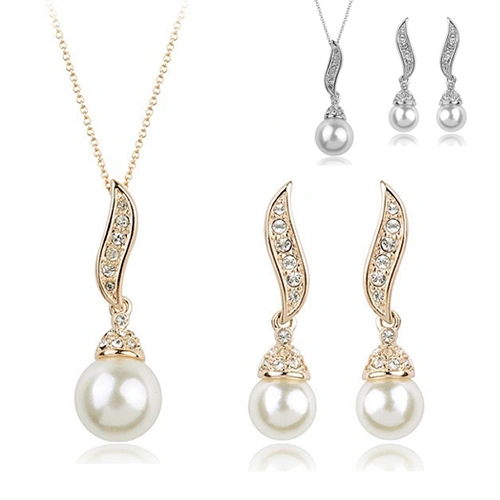 Fashion Women's Rhinestone Faux Big Pearl Drop Earrings Necklace Jewelry Sets