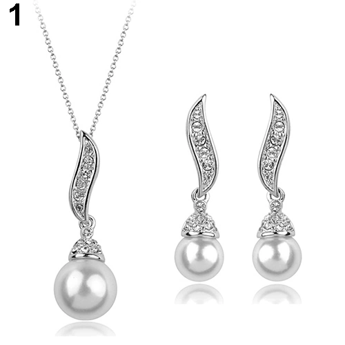 Fashion Women's Rhinestone Faux Big Pearl Drop Earrings Necklace Jewelry Sets