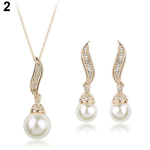 Fashion Women's Rhinestone Faux Big Pearl Drop Earrings Necklace Jewelry Sets