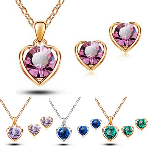 Women's Fashion Jewelry Heart Crystal Pendant Necklace Ear Studs Earrings Set