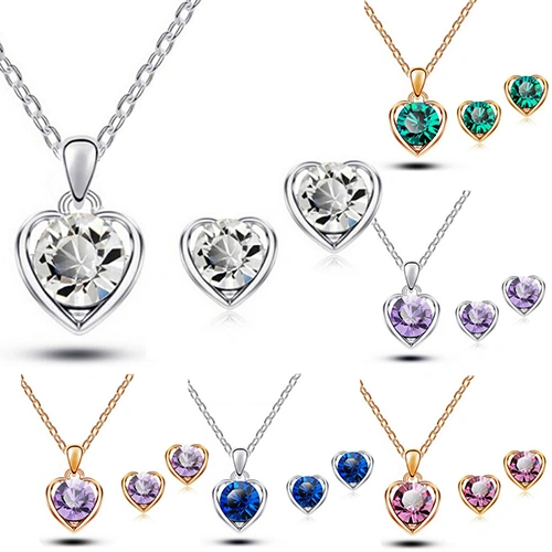 Women's Fashion Jewelry Heart Crystal Pendant Necklace Ear Studs Earrings Set