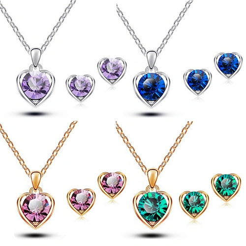 Women's Fashion Jewelry Heart Crystal Pendant Necklace Ear Studs Earrings Set