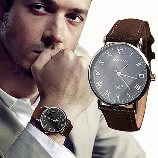 Men Business Wrist Watch Faux Leather Roman Numerals Analog Quartz Wristwatch