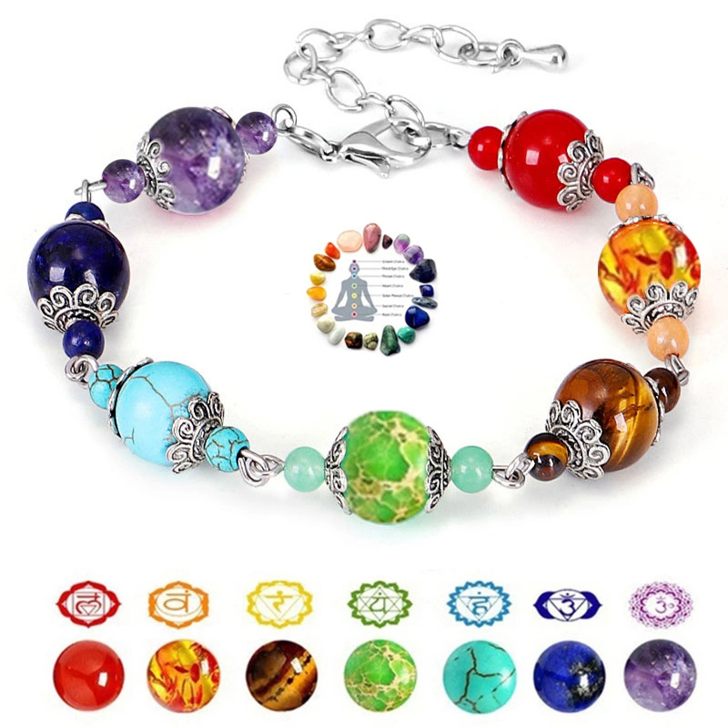 Beaded Bracelet 7 Chakra Colorful Beads Adjustable Decorative Prayer Balance Handmade Women Natural Faux Stone Healing Bangle Jewelry Gift