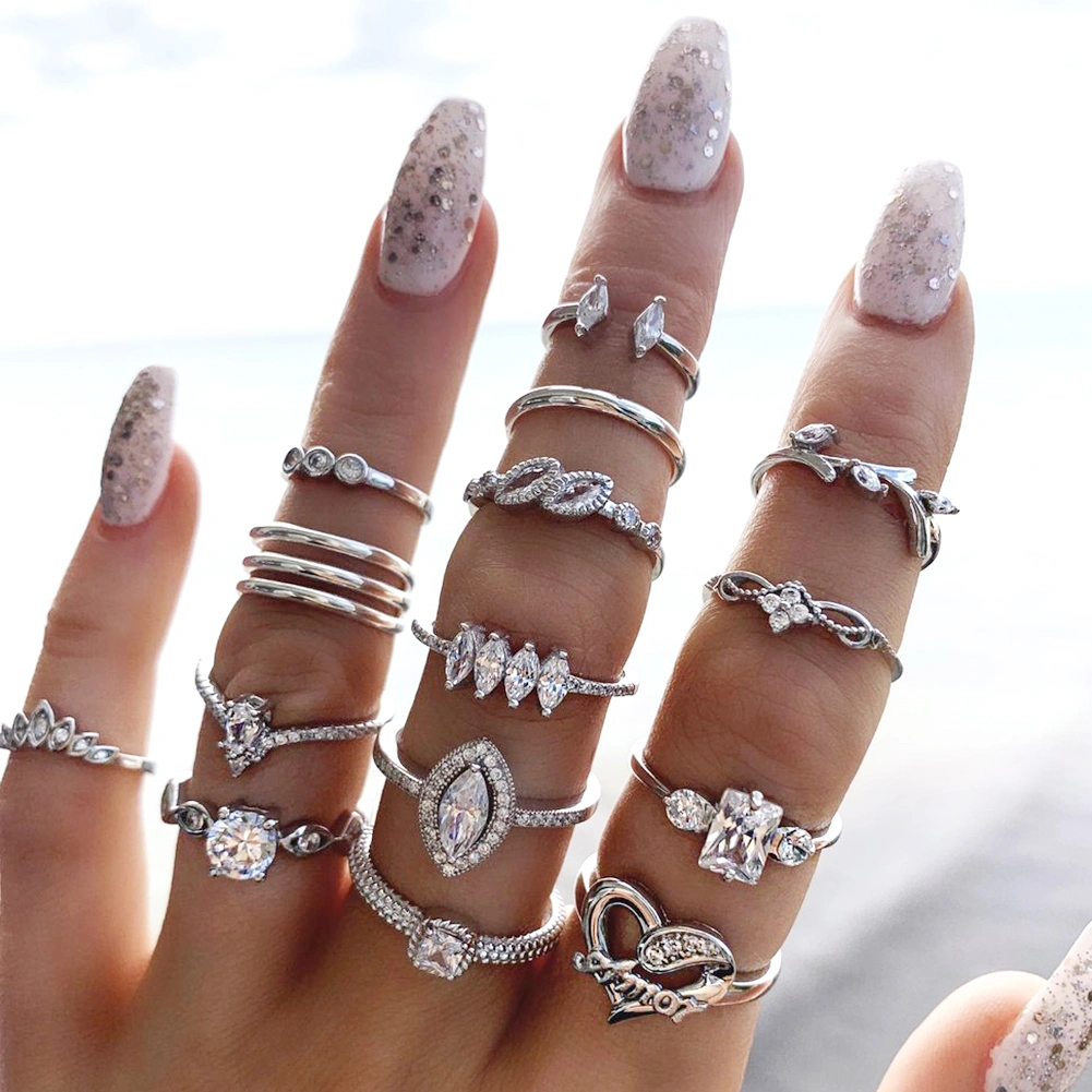 15Pcs/Set Women Bohemian Artificial Gemstone Rhinestone Finger Ring Jewelry Gift