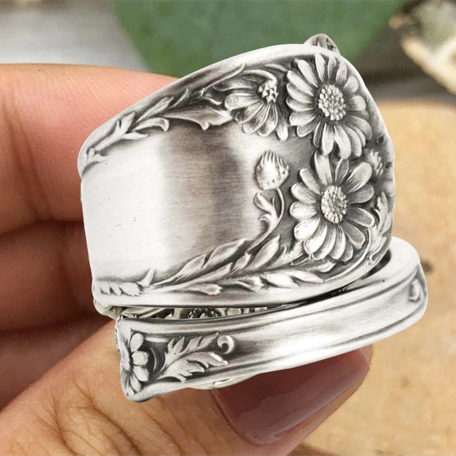 Sunflower Spoon Adjustable Ring Boho Vintage Finger Open Ring Extendable Wrap Bands for Women Men Jewelry