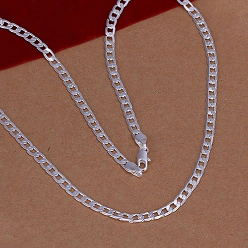 Women's Men's Fashion Jewelry Silver Plated 4MM Sideways Flat Chain Necklace