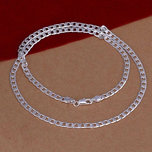 Women's Men's Fashion Jewelry Silver Plated 4MM Sideways Flat Chain Necklace