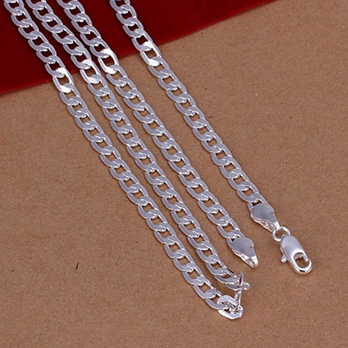 Women's Men's Fashion Jewelry Silver Plated 4MM Sideways Flat Chain Necklace