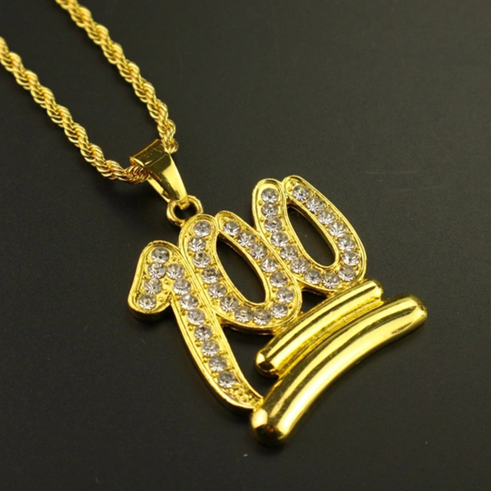 Fashion Men 100 Number Pendant Necklace Hip-hop Rhinestone Chain Jewelry Gift