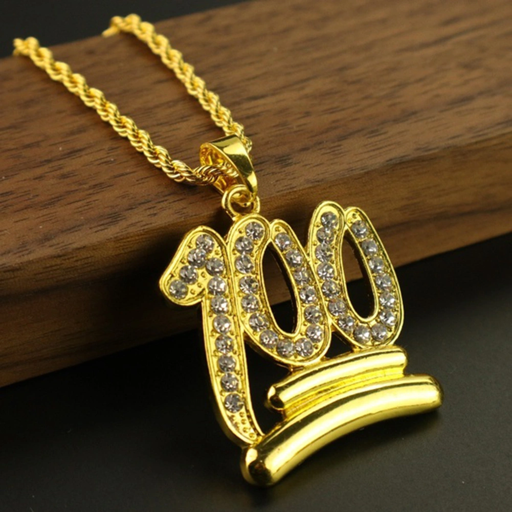 Fashion Men 100 Number Pendant Necklace Hip-hop Rhinestone Chain Jewelry Gift