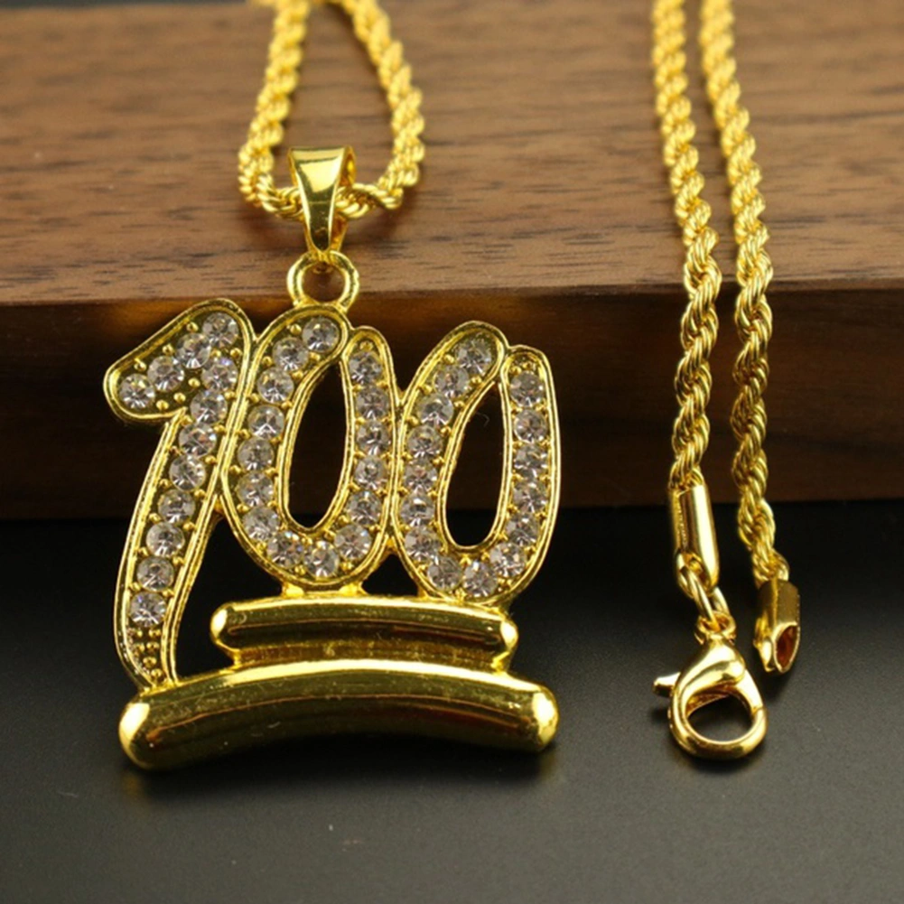 Fashion Men 100 Number Pendant Necklace Hip-hop Rhinestone Chain Jewelry Gift