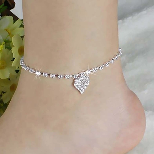 Women Rhinestone Love Heart Pendant Ankle Bracelet Chain Beach Barefoot Anklet