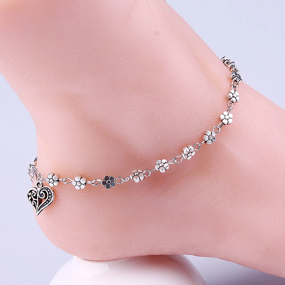 Vintage Flower Hollow Heart Charm Anklet Women Sandals Barefoot Ankle Bracelet