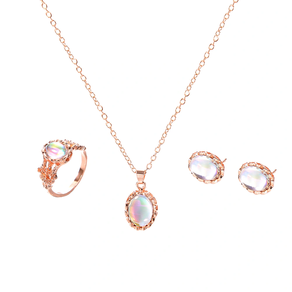 3Pcs/Set Shiny Oval Faux Gemstone Charm Necklace Earrings Ring Women Jewelry