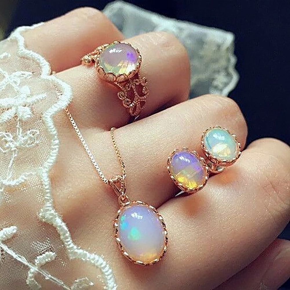 3Pcs/Set Shiny Oval Faux Gemstone Charm Necklace Earrings Ring Women Jewelry