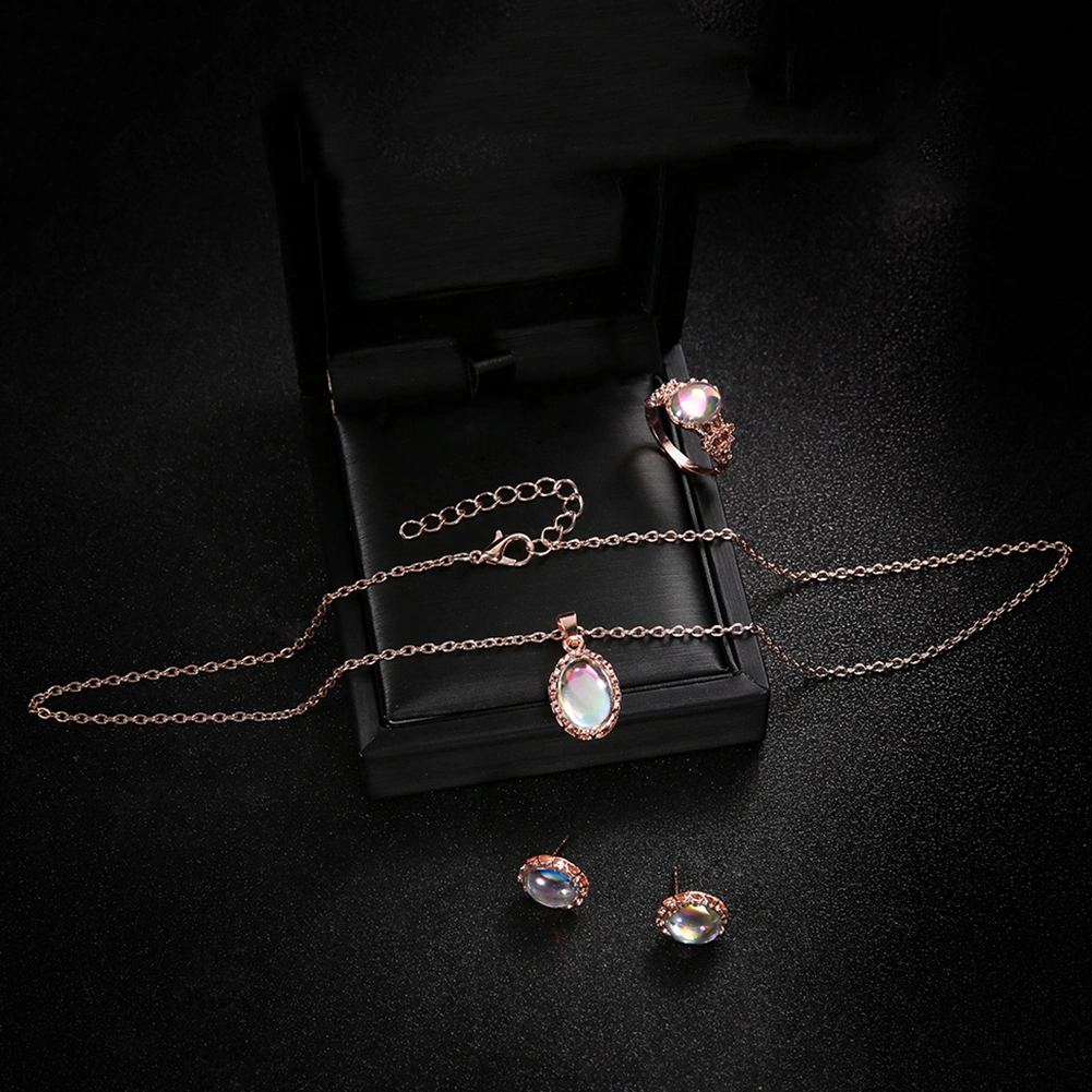 3Pcs/Set Shiny Oval Faux Gemstone Charm Necklace Earrings Ring Women Jewelry