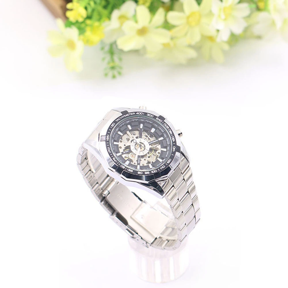 Men's Hollow Skeleton Dial Automatic Mechanical Stainless Steel Band Wrist Watch