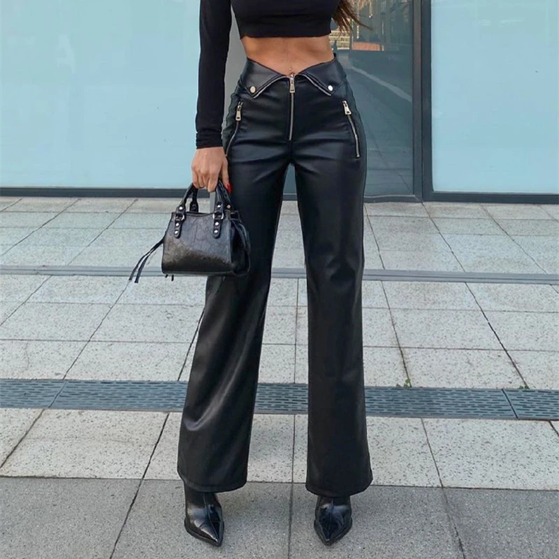 High Waist Straight Loose Wide Leg Casual Pants Leather Pants