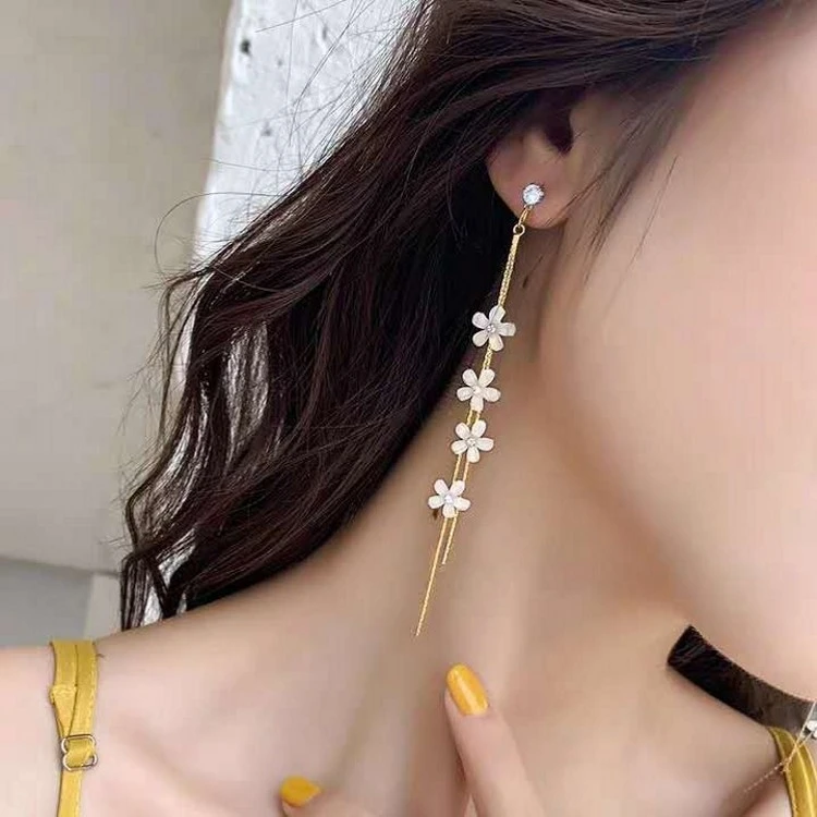 Women's Long Flower Fringed Zircon Earrings