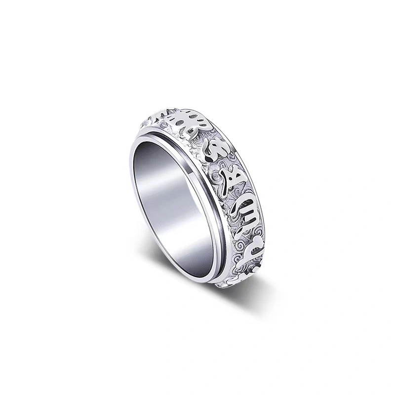 Rotatable Om mani padme hum men's titanium steel ring