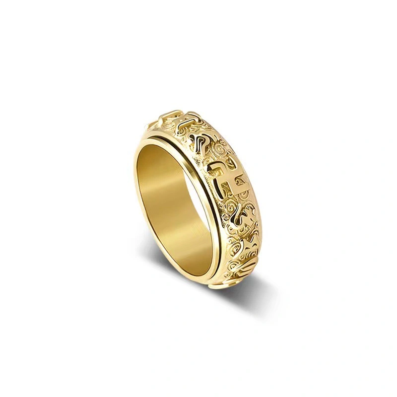 Rotatable Om mani padme hum men's titanium steel ring