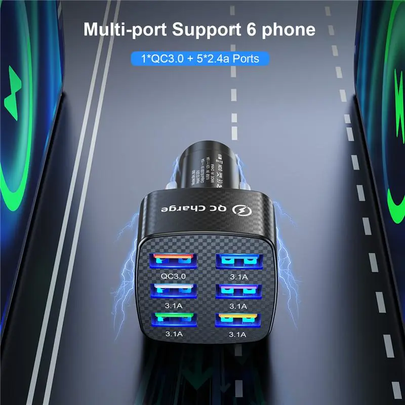 6 Ports USB Car Charge 75W Quick 15A Mini Fast Charging For iPhone 13 Xiaomi Huawei Mobile Phone Charger Adapter In Car