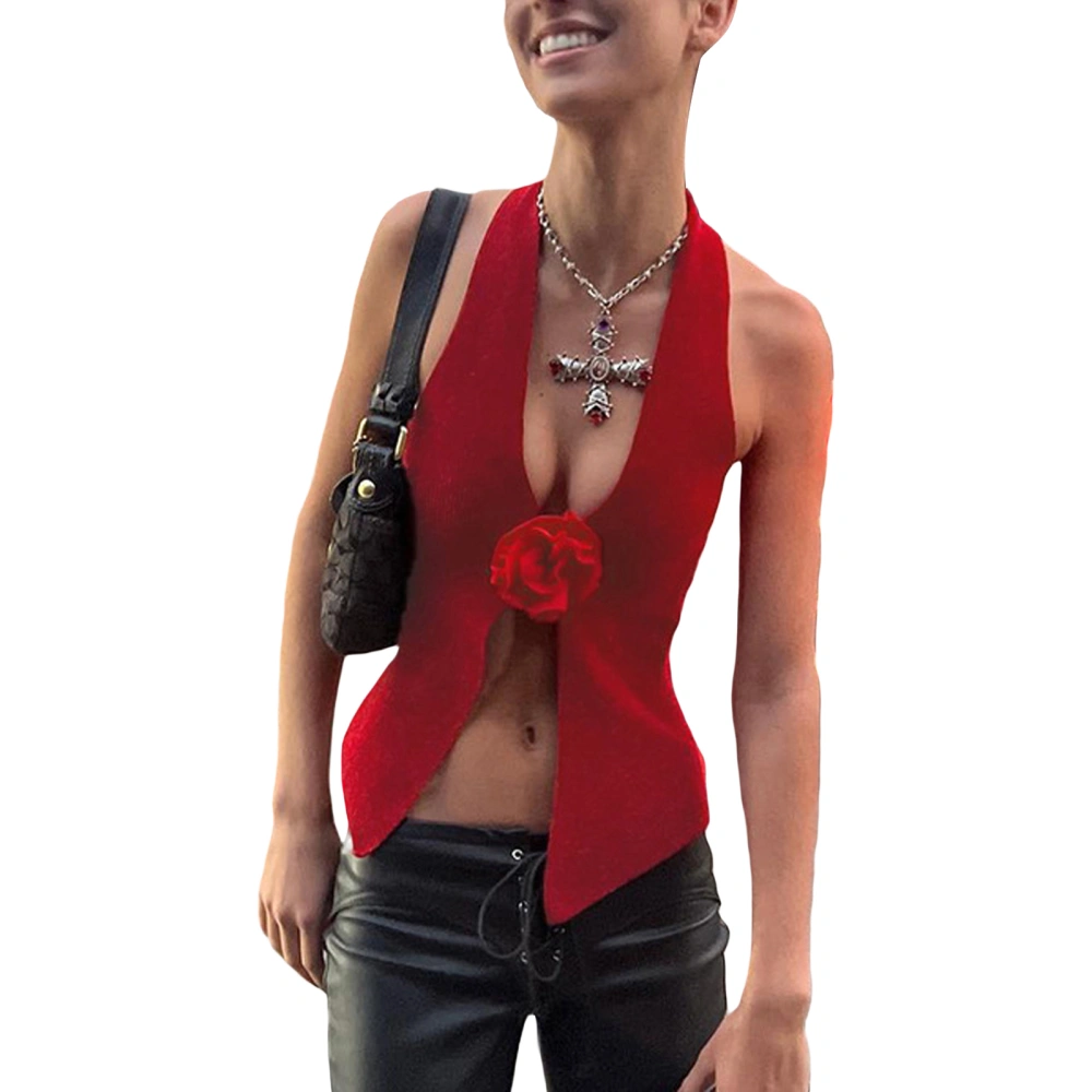 Women Flower Halter Tops Slit Hem Backless Shirt Sleeveless Crop Camisole for Streetwear Summer Clothes