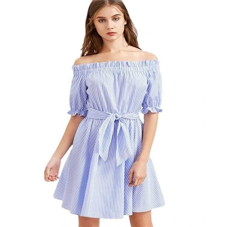 Women's Fashion Casual Striped Off-neck Dress