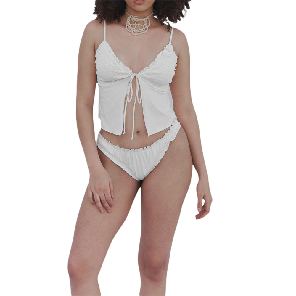 Women&acute;s Summer 2PCS Beachwear Sets White Sleeveless Ruched Sling Vest + Low Waist Tie Up Thong