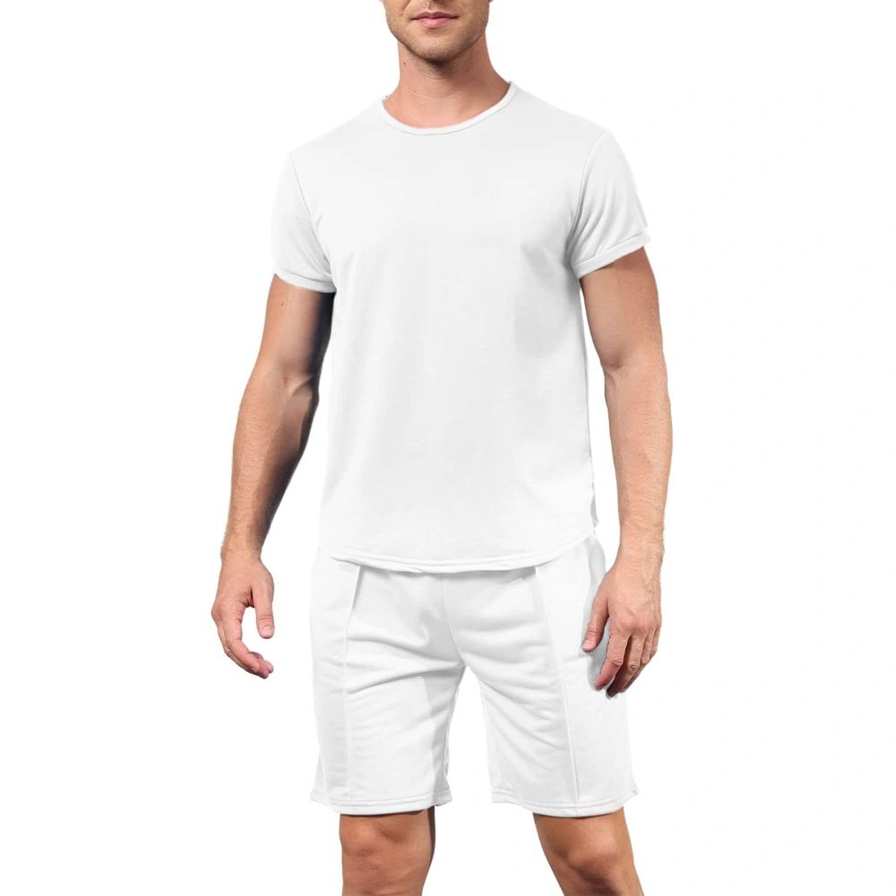 Men's Summer Casual Clothes Outfits Solid Color Short Sleeve T-Shirt + Elastic Waist Drawstring Shorts 2 Pieces Tracksuit Set