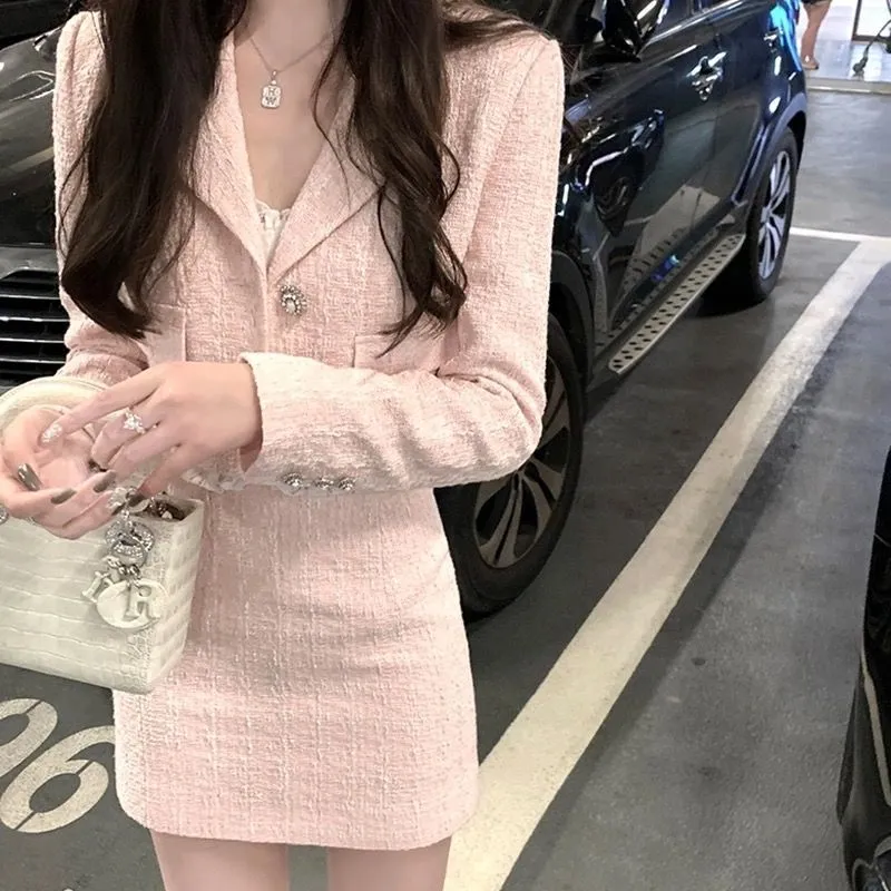 Women's Tweed Coat High Waist Skirt Suit