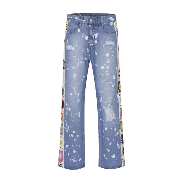 Retro Blue Stitching Side Seam Embroidered Flared Jeans