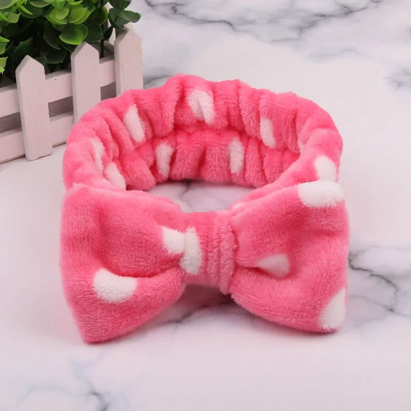 Coral Velvet Bow Polka Dot Face Wash Headband