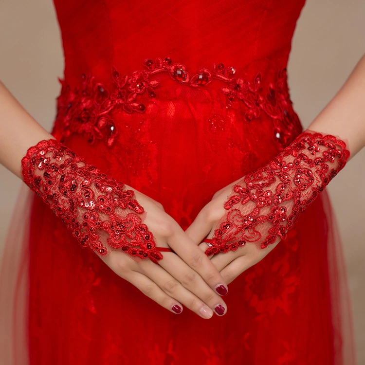 White Red Short Lace Diamond Wedding Instrument Cheongsam Toast Dress Performance Gloves