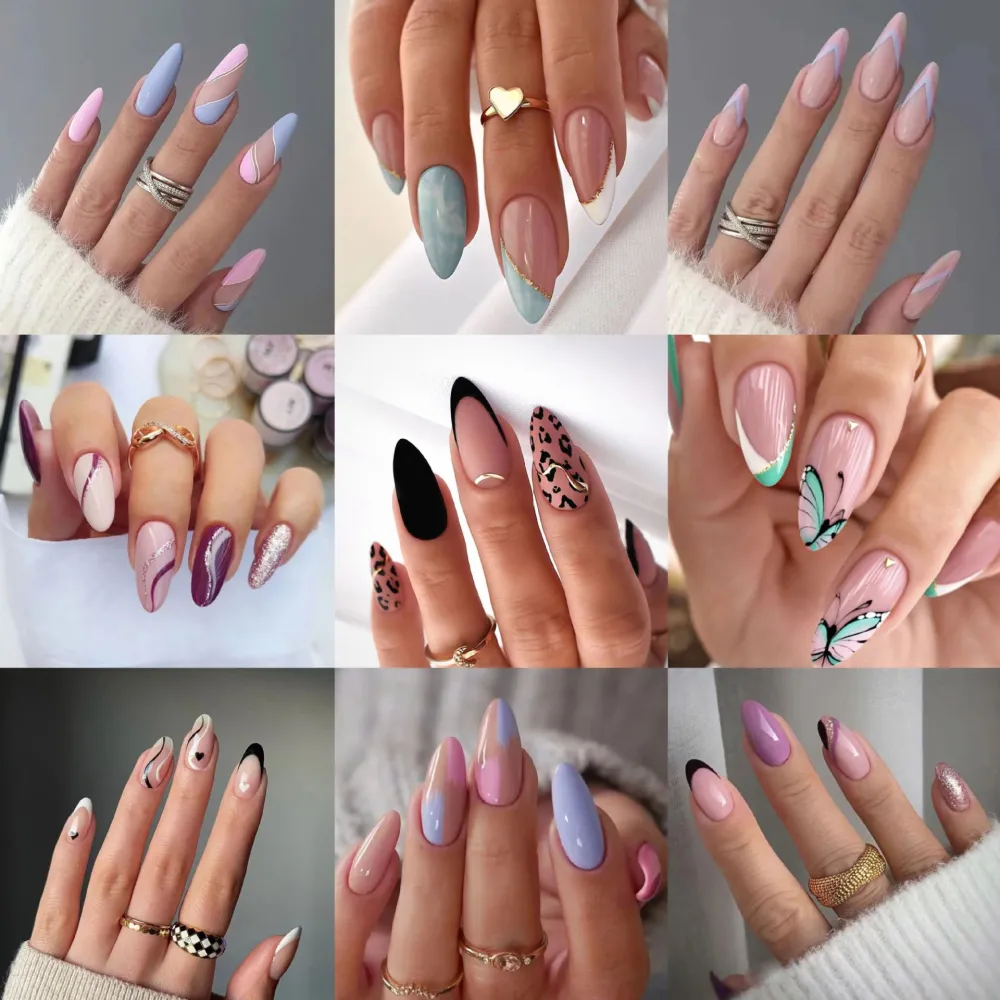 24Pcs/Box Almond False Nails Lines Ripples Stiletto Fake Nails Detachable Oval Full Cover Press on Nails Tips Manicure