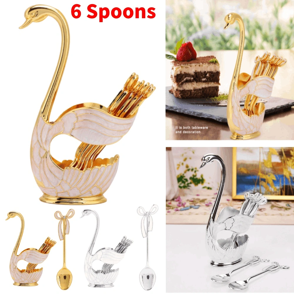 Coffee Dessert Spoon Set European Style Elegant Swan Fruit Scoop Holder Decorative Tableware With 6 Spoons (Gold/Silver)