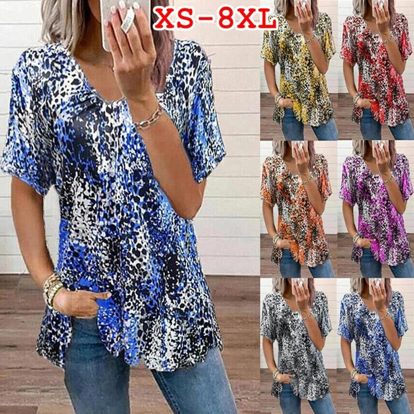 S-5XL Women's Fashion Summer Clothes Casual V-neck Short Sleeved Tops Ladies Leopard Printed Blouses Loose T-shirts Plus Size Cotton Shirts