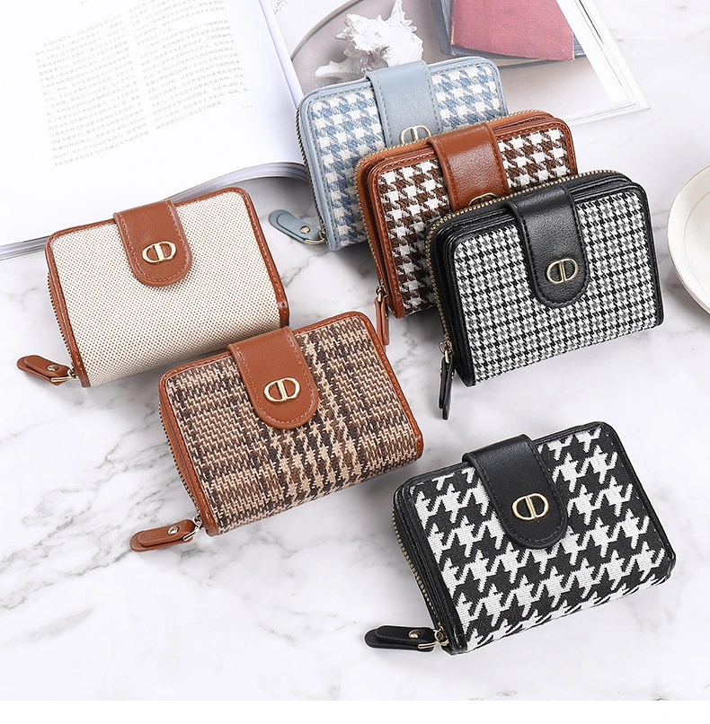 Light Luxury Small Wallet Women's Buckle Houndstooth Canvas