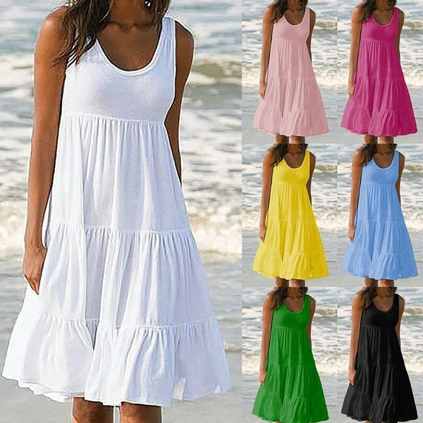 New Fashion Summer Women Casual Dress Round Neck Loose Big Swing Skirt Sleeveless Soild Color Beach dress