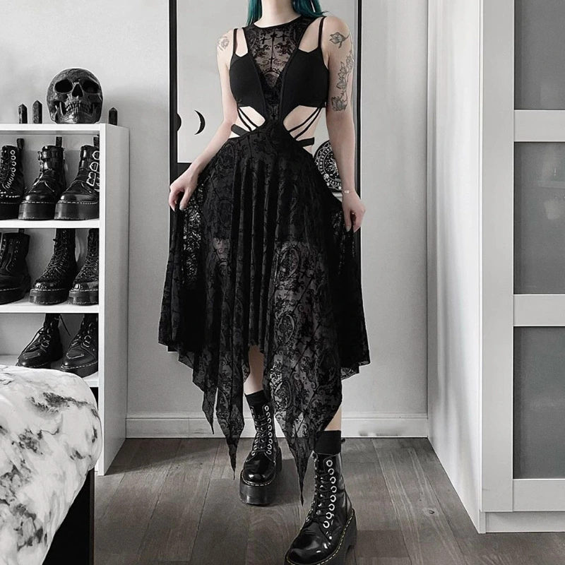 Women's Slim-fit Flocking Mesh Irregular Waist Sleeveless Dress